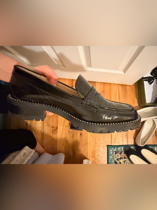 Jimmy Choo Black Patent Leather Penny Loafers with Crystal Trim